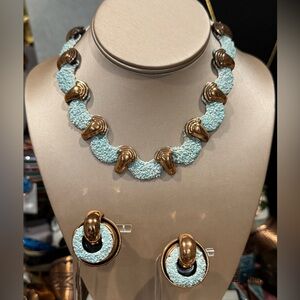 Vintage Matisse Seafoam Textured Enamel Copper Signed Necklace & Earring Set